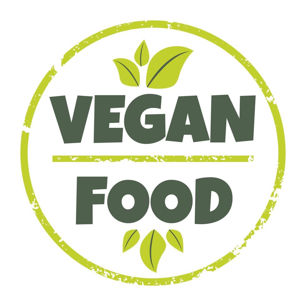 vegano cibo icona, Prodotto etichetta, logo, etichetta, distintivo. vettore illustrazione di strutturato verde il giro francobollo con foglie, salutare cibo simbolo, design elemento