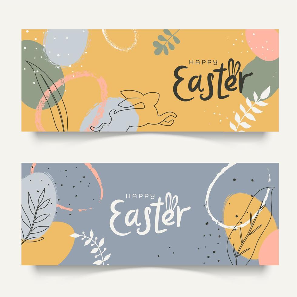 Due orizzontale banner con mano disegnato Pasqua decorazioni nel pastello colori. minimalista stile design con uova, coniglio, fiori e impianti vettore