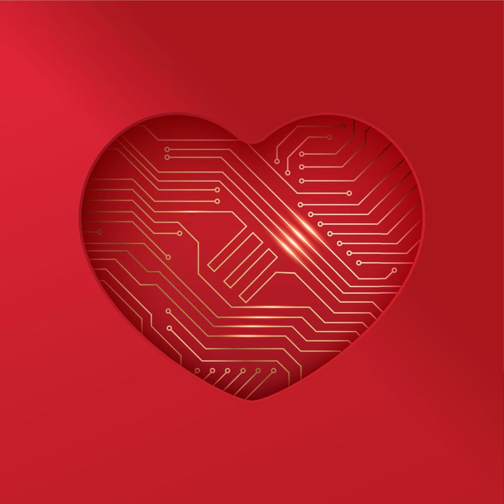 sfondo con cuore sagomato buco e elettrico circuito tavola. virtuale amore concetto. san valentino giorno saluto carta vettore