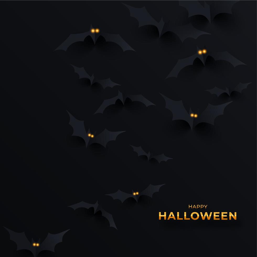 nero pipistrelli con raggiante occhi su un' nero sfondo. Halloween bandiera modello. volante gregge di carta tagliare pipistrelli, monocromatico sfondo vettore