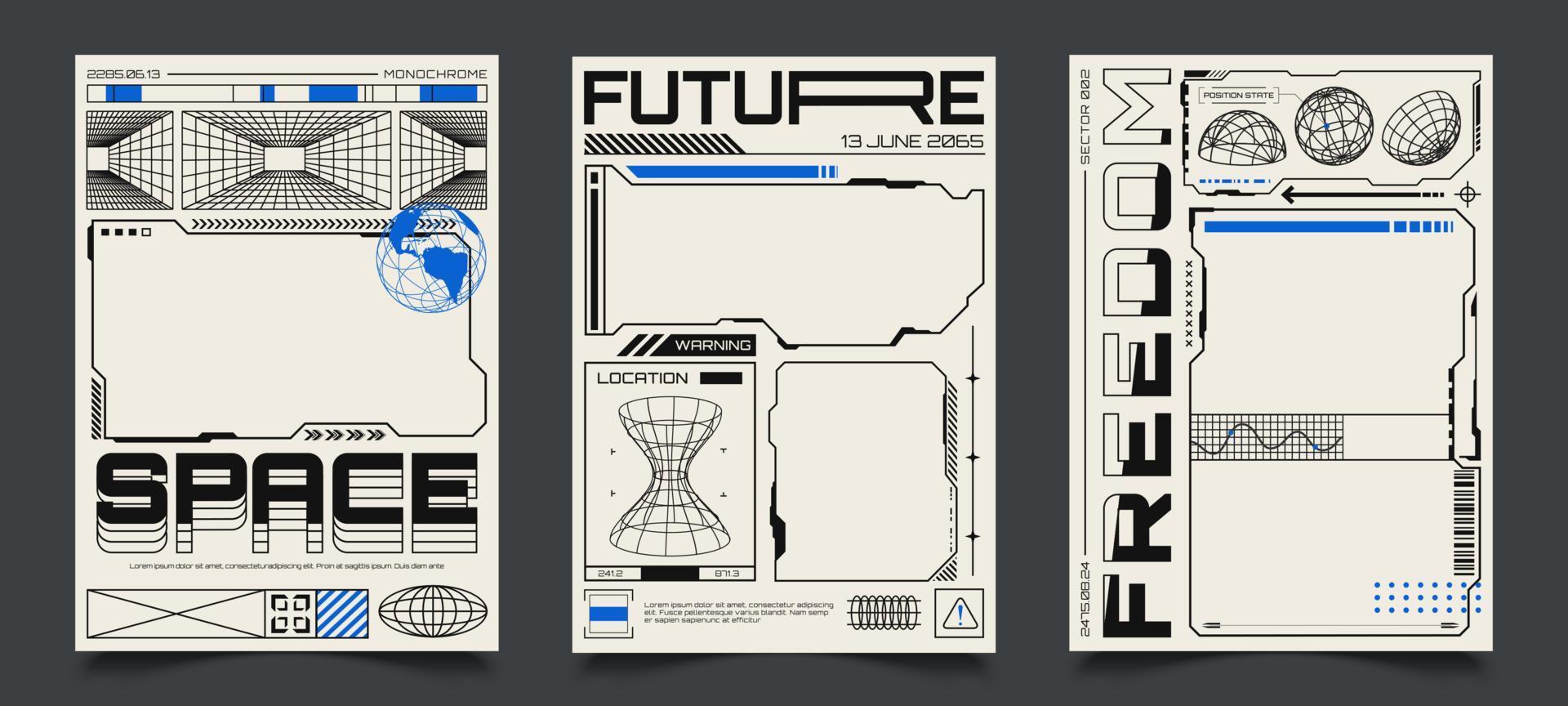 manifesti con hud elementi e vuoto cornici. astratto cyberpunk bandiera con wireframe 3d figure vettore