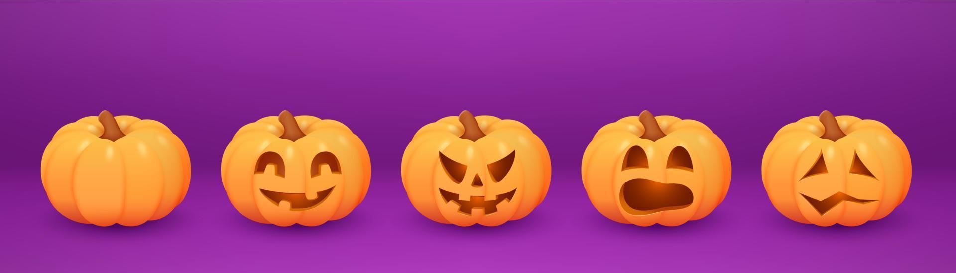 realistico arancia zucche. zucca lavorato facce con occhi e bocca. divertente e pauroso Halloween personaggi vettore