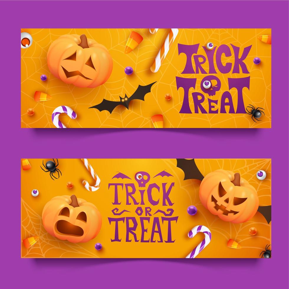 Due Halloween orizzontale banner con caramelle, ragni, pipistrelli e zucche su arancia sfondo. Halloween bandiera modello con realistico Jack o lanterna zucche vettore