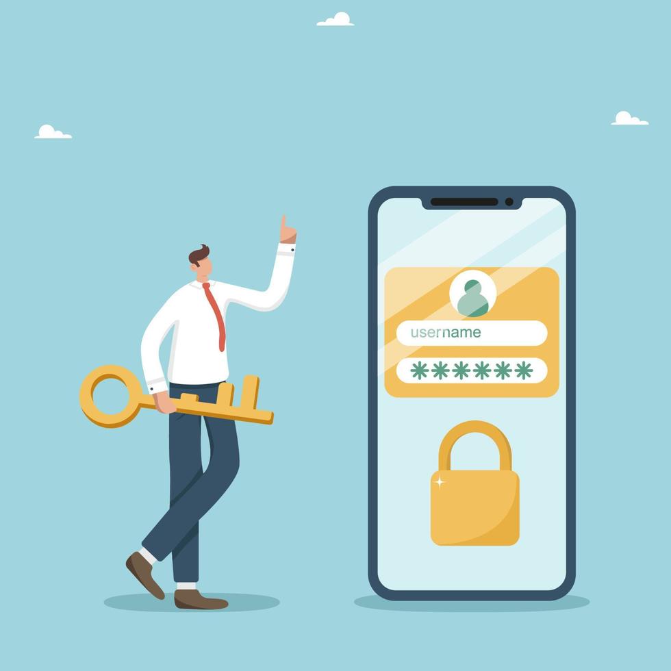 in linea autenticazione concetto, sicuro dati privacy, account protezione e sicurezza, forte parola d'ordine per informatica sicurezza, App accesso parola d'ordine, sbloccare, uomo d'affari con d'oro chiave conosce accesso parola d'ordine. vettore