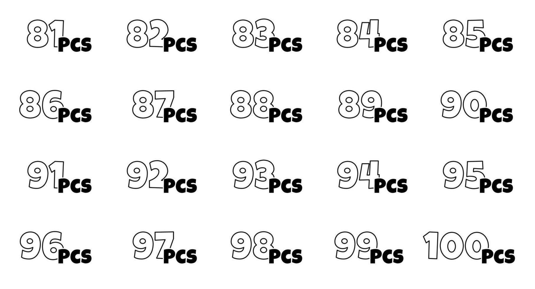 numero di pezzi nel pacchetto impostare. a partire dal 81 per 100 pz confezione etichetta collezione. consecutivo quantità elementi adesivi nel Prodotto Imballaggio. cartone animato stile schema icone. vettore isolato eps illustrazione