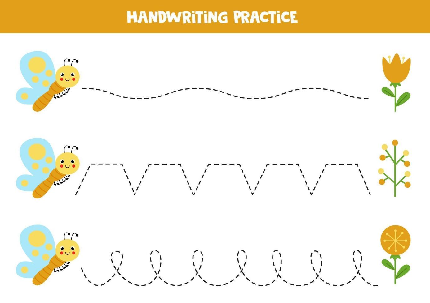 traccia le linee con una farfalla carina. Pratica di scrittura. vettore