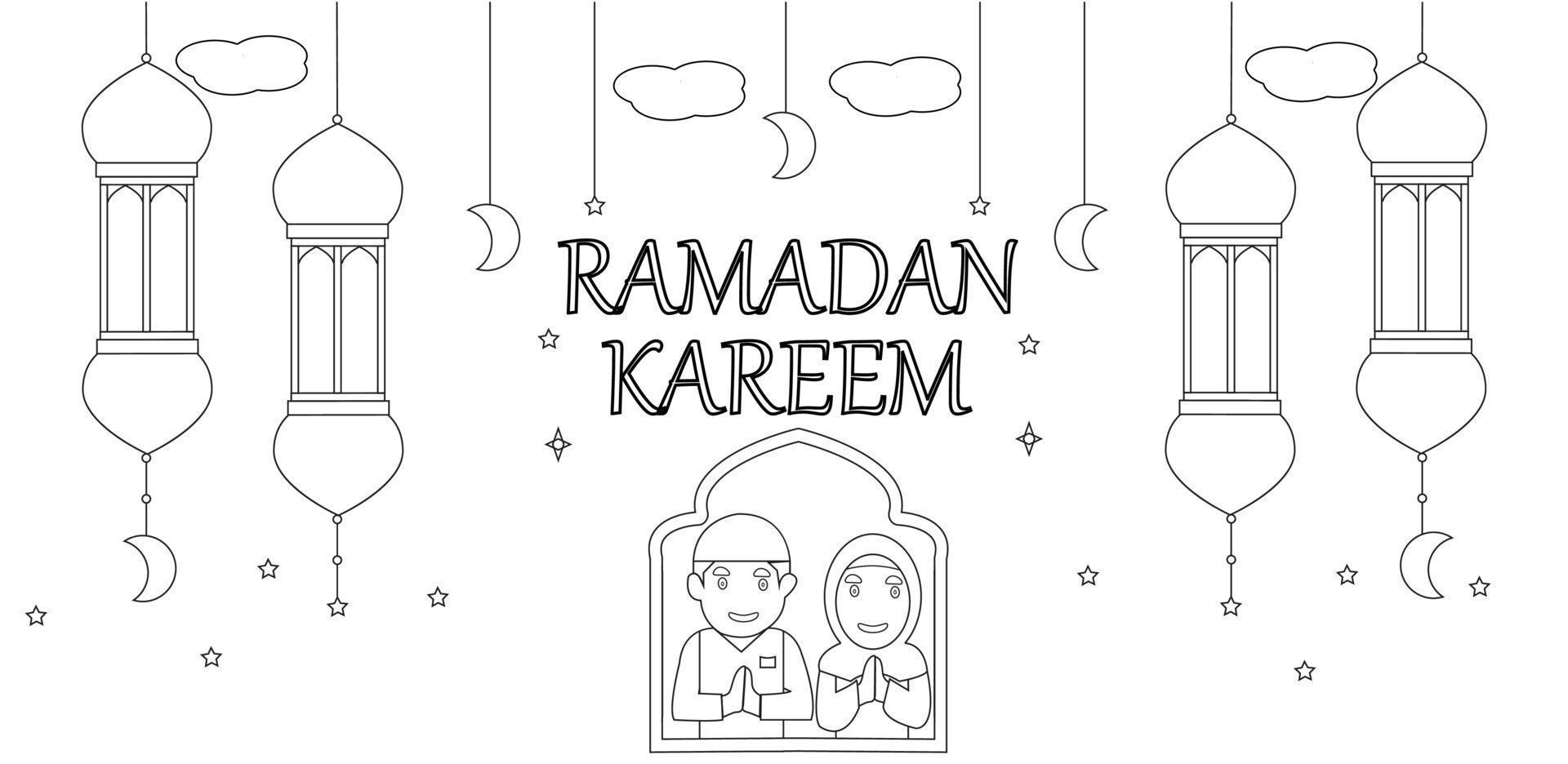 eid mubarak linea arte calligrafia elegante lettering Ramadan kareem testo Luna con moschea vettore