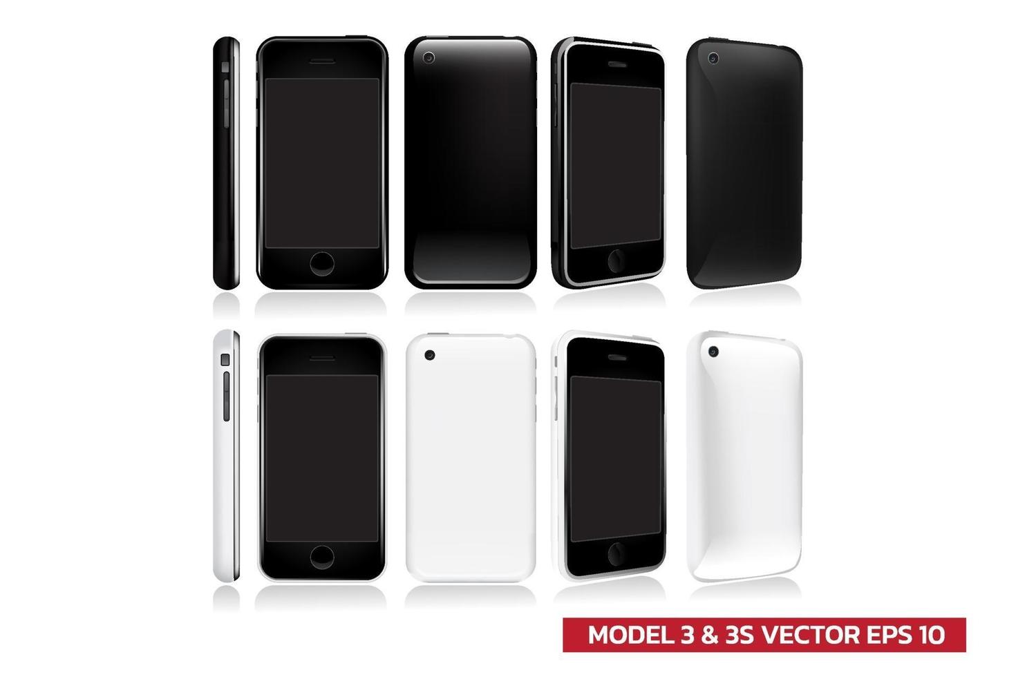 set di seconda generazione di modello di smartphone in vista diversa anteriore, laterale, posteriore, 2 colori in bianco e nero, mock up realistica illustrazione vettoriale su sfondo bianco.