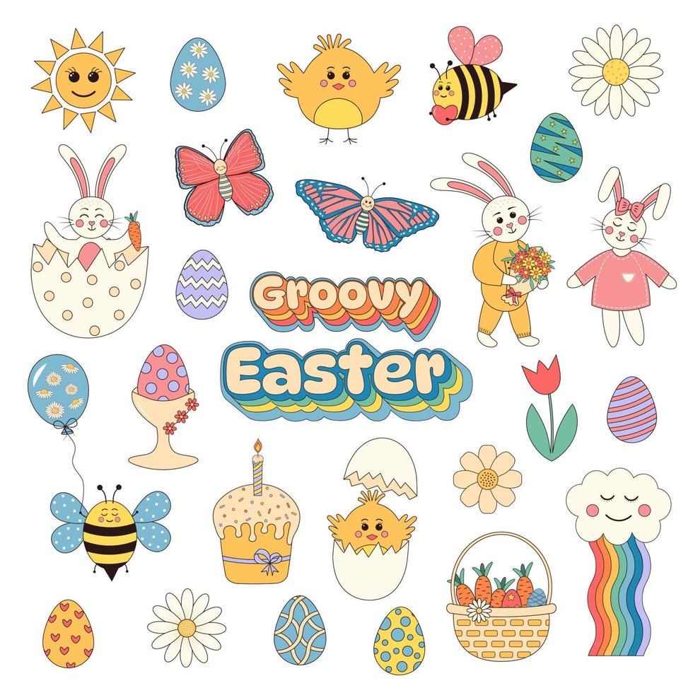 Groovy hippie Pasqua impostare. Pasqua uova, coniglietti, farfalle, api, polli, margherite. impostato di cartone animato personaggi e elementi nel di moda retrò 60s 70s cartone animato stile. vettore