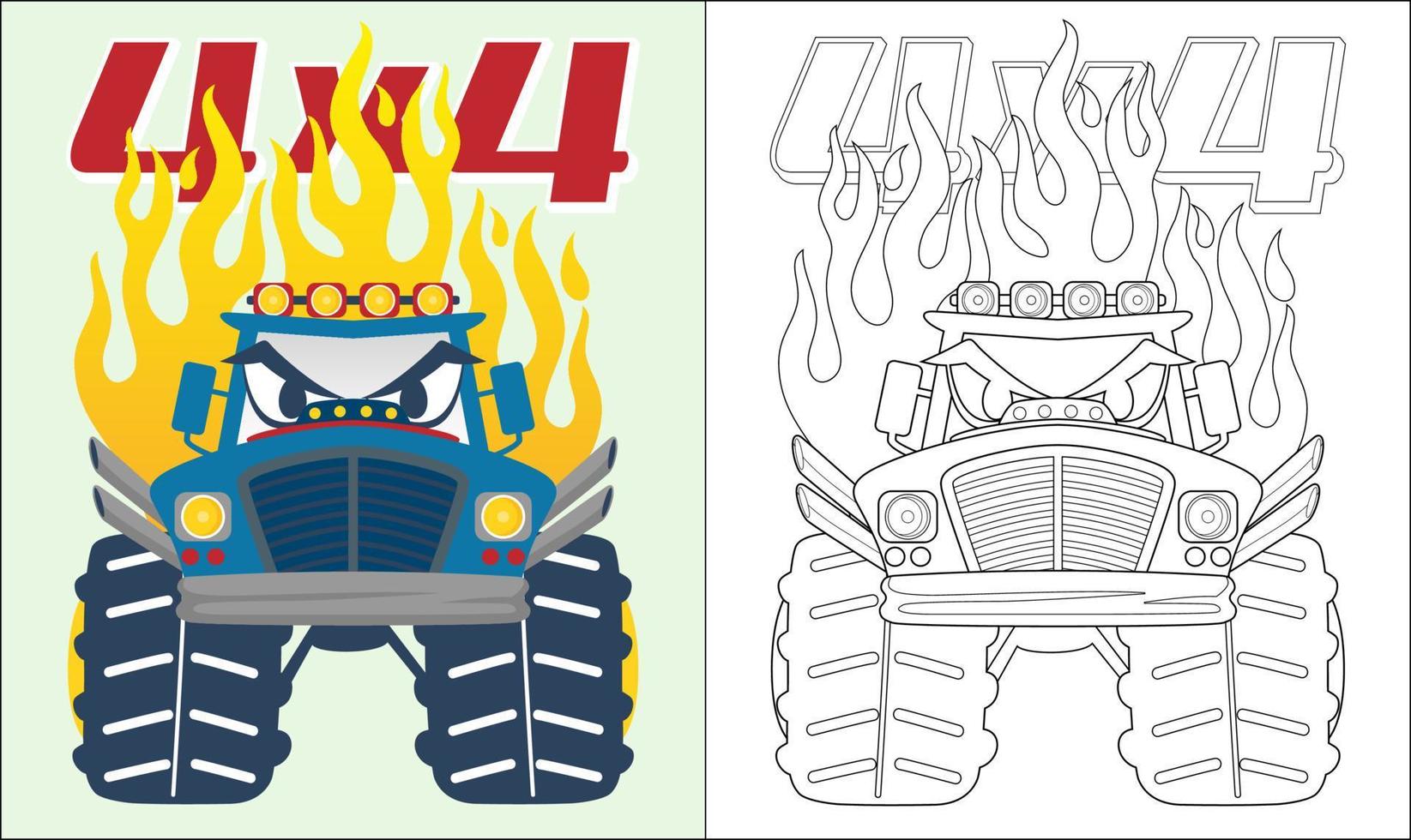 colorazione libro o pagina di mostro camion cartone animato con fiamma vettore
