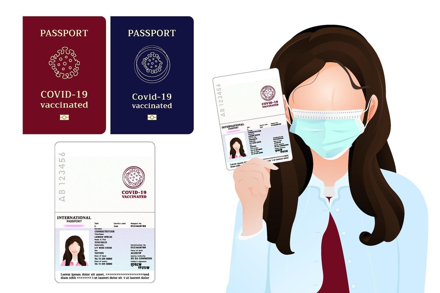 passaporto per chi ha l'iniezione di vaccino covid-19, passaporto vaccinato contro il coronavirus per viaggiatori o uomini d'affari che si identificano, la ragazza ha mostrato l'illustrazione del passaporto su sfondo bianco. vettore