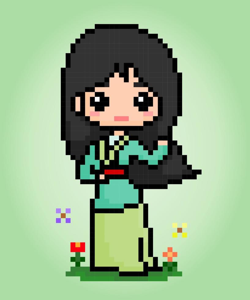 Le donne con pixel a 8 bit indossano abiti hanfu. ragazze cinesi in illustrazioni vettoriali per risorse di gioco o schemi a punto croce.