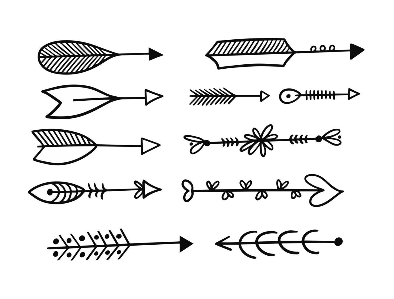 Vintage ▾ mano disegnato frecce impostare. nero colore vettore illustrazione.