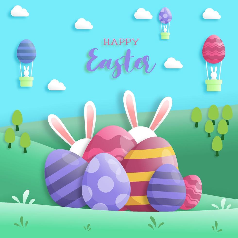 felice giorno di Pasqua in stile art paper con coniglio e uova di Pasqua. biglietto di auguri, poster e carta da parati. illustrazione vettoriale. vettore