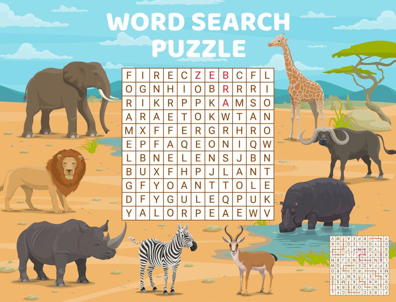 parola ricerca puzzle con cartone animato africano animali vettore