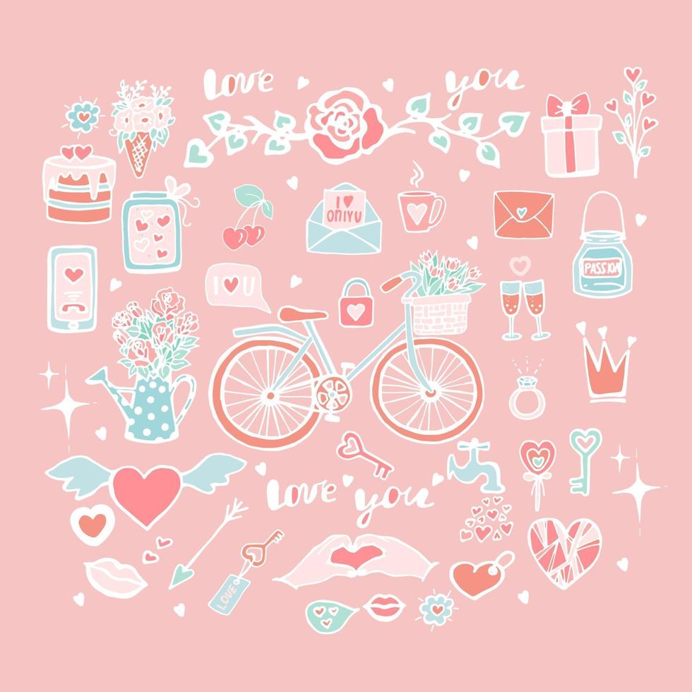 simpatico set di oggetti vettoriali per San Valentino, collezione di adesivi per San Valentino, bicicletta con tulipani in un cestino, torta con cuori, lucchetto con chiave, rose in un imbuto, disegno a mano, scarabocchio.