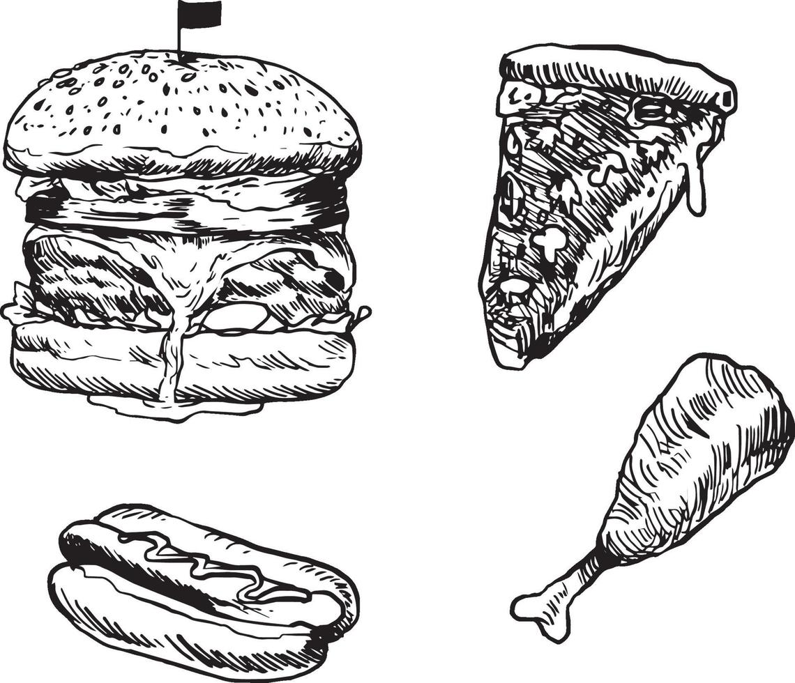 set di fast food. stile di disegno scarabocchio disegnato a mano vettore