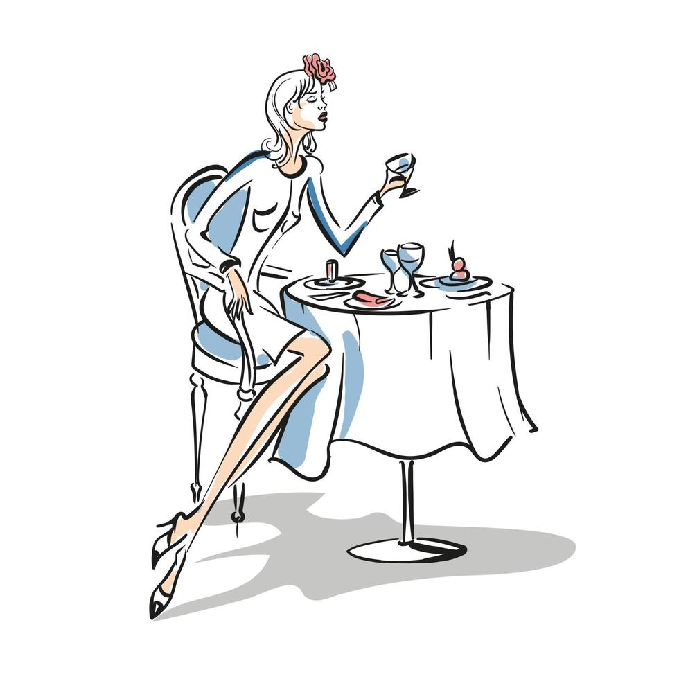 disegno di moda illustrazione alla moda disegnata a mano. ragazza al tavolino. giovani donne vestite con abiti alla moda seduti in una caffetteria o in un ristorante. illustrazione vettoriale di schizzo