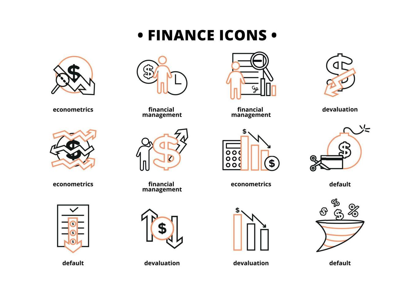 finanza icone impostare. vettore illustrazione di finanziario gestione, econometria, svalutazione, predefinito. un' dollaro cartello, Il prossimo per quale è il silhouette di un' uomo, seguito di un su freccia.