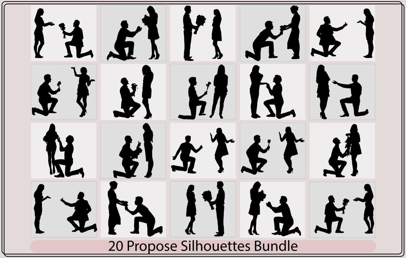 silhouette di un' uomo fa un' proposta per sposare il donna vettore illustrazione, fa un' proposta per sposare il ragazza, coppia proporre sagome nel diverso pose