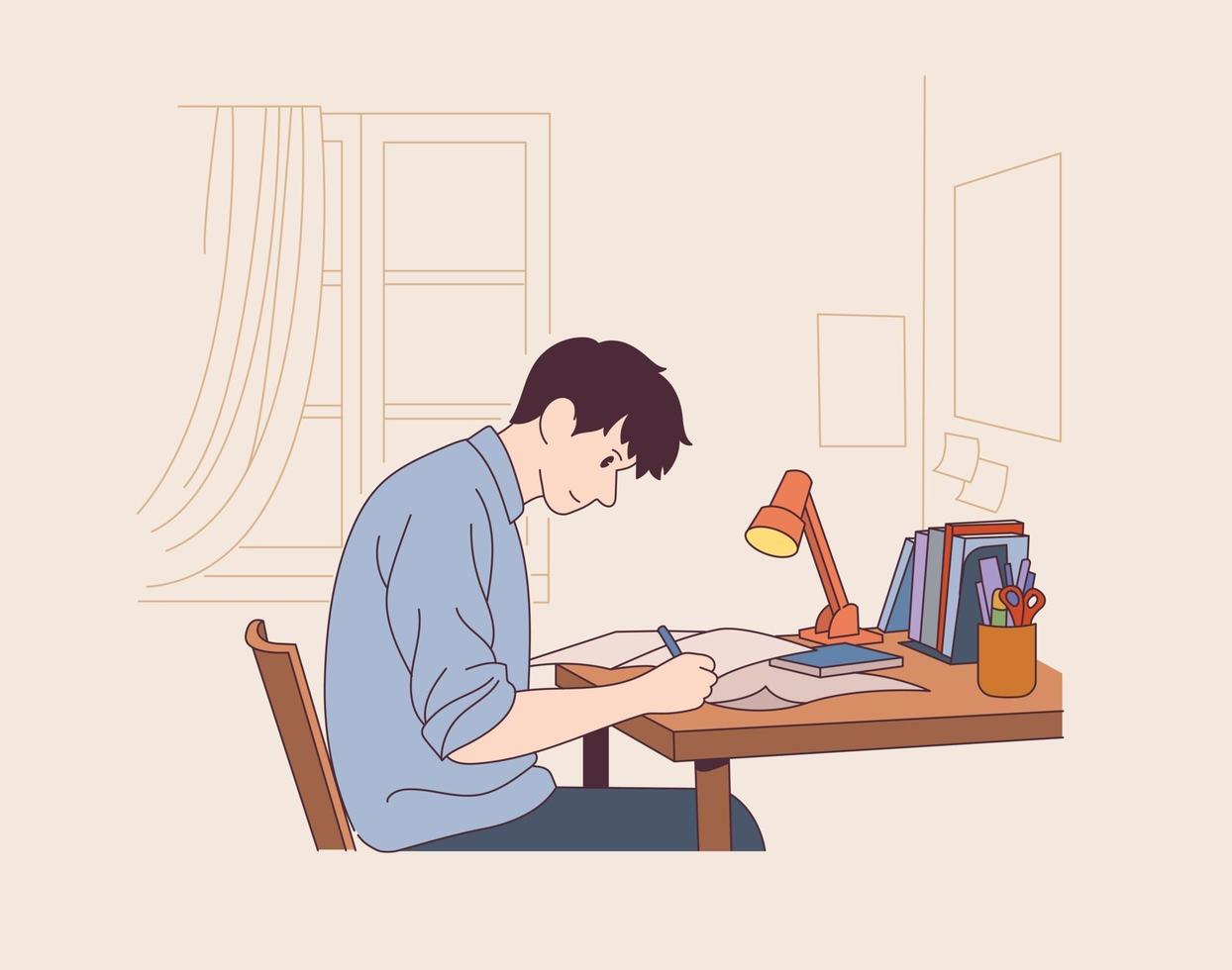 uno studente maschio è seduto a una scrivania e studia vettore