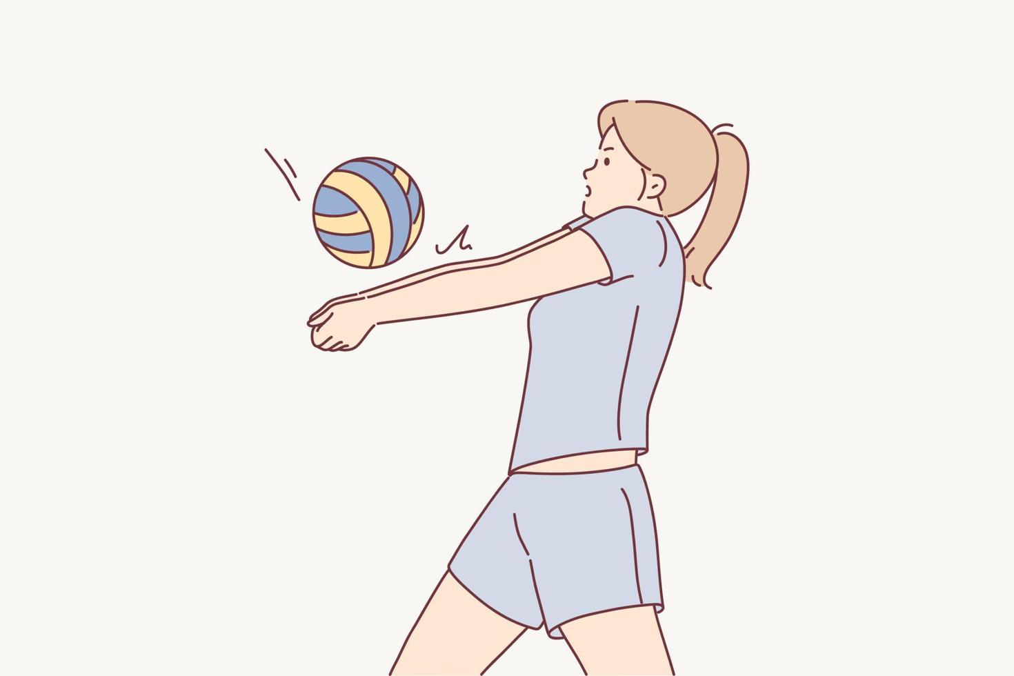 motivata femmina atleta giocare pallavolo. donna nel uniforme godere allegro attività con sfera. passatempo e tempo libero. vettore illustrazione.