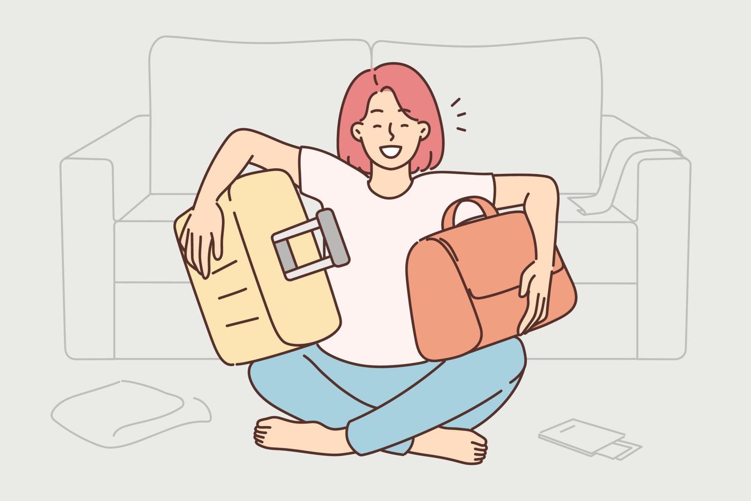 eccitato donna sedersi su pavimento Imballaggio valigie andando su vacanze. sorridente ragazza preparazione per vacanza. viaggio e turismo. vettore illustrazione.