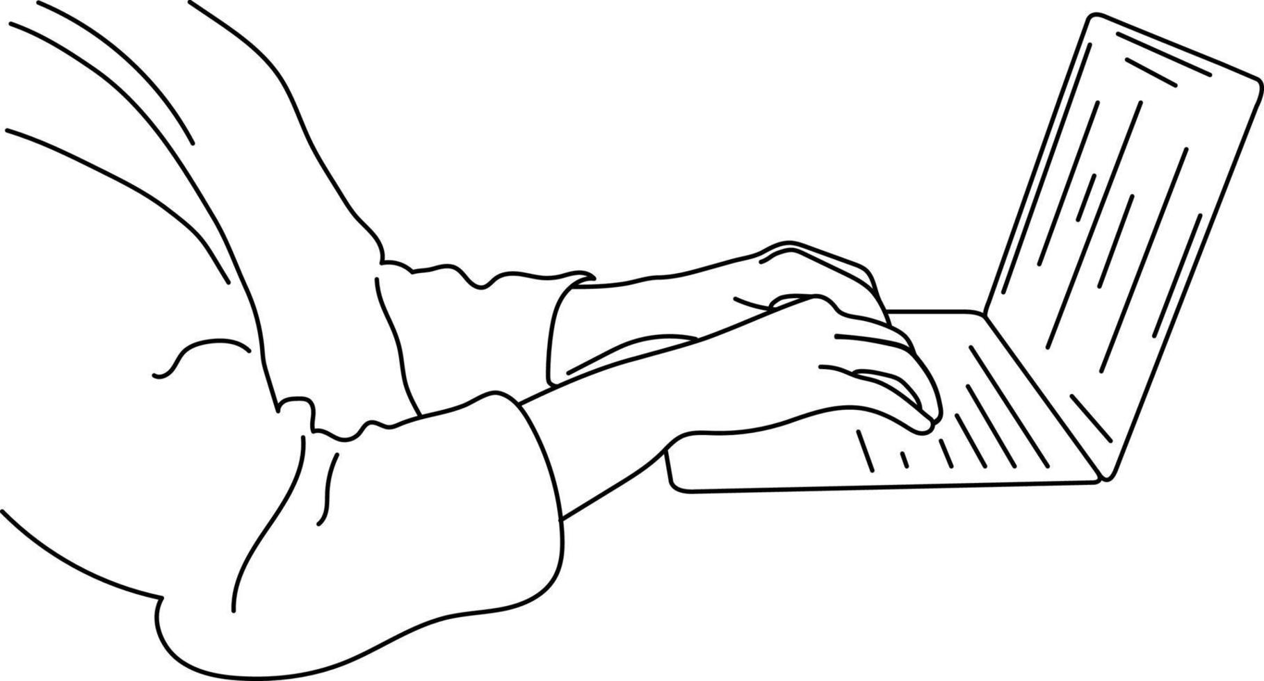 vettore linea disegno di professionale lavoratore mano e il computer portatile e scrittura opera Piano per ufficio su il computer portatile su bianca sfondo