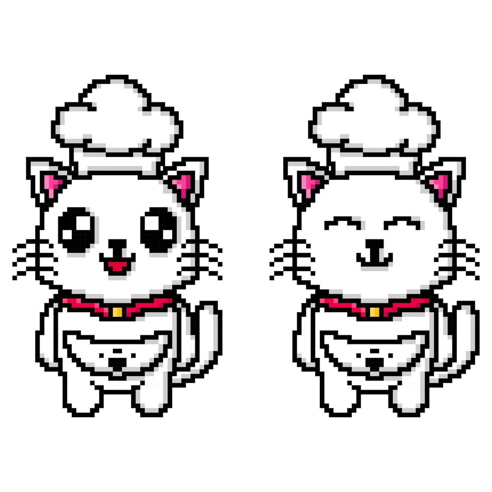 pixel arte carino gatto indossare un' capocuoco cappello design portafortuna kawaii vettore