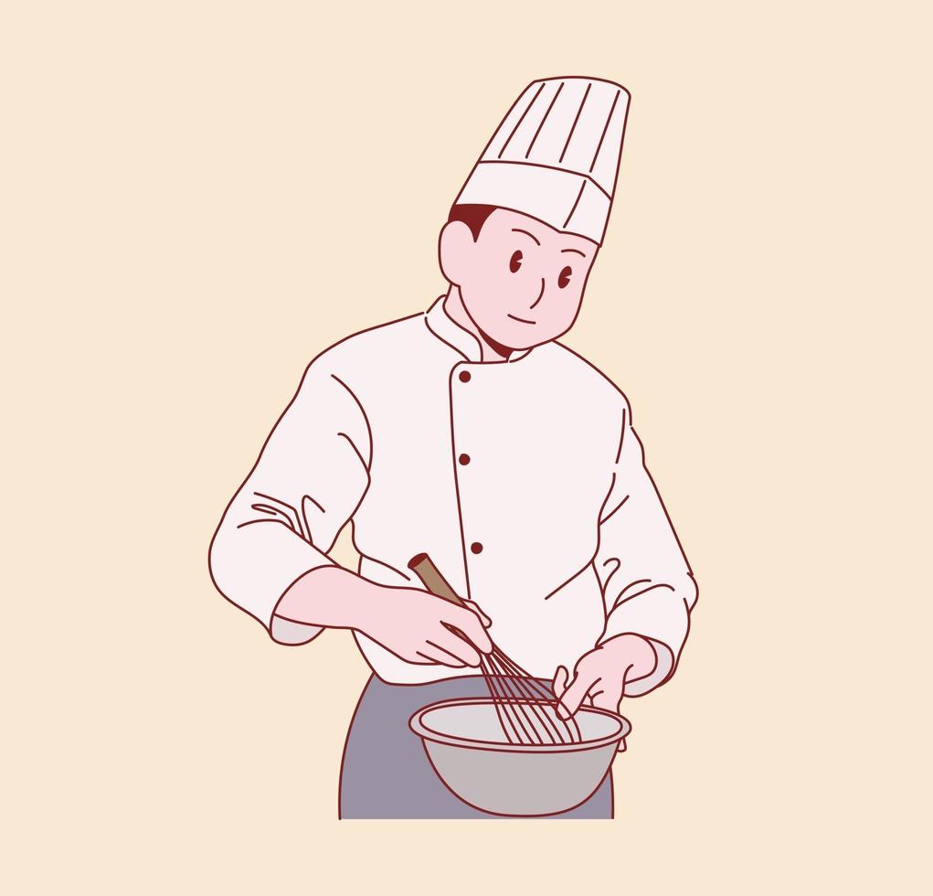 un cuoco maschio sta cucinando. illustrazioni di disegno vettoriale stile disegnato a mano.