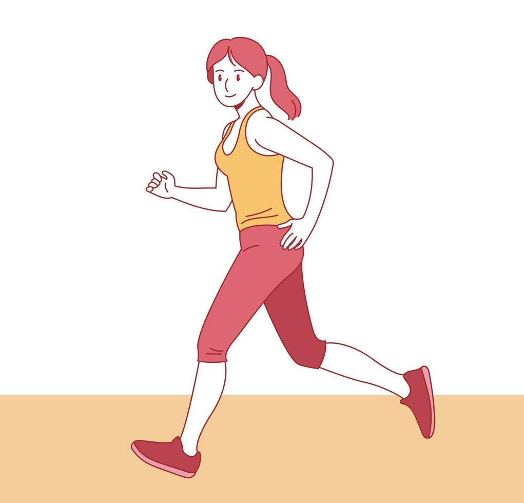 una donna snella sta correndo. illustrazioni di disegno vettoriale stile disegnato a mano.