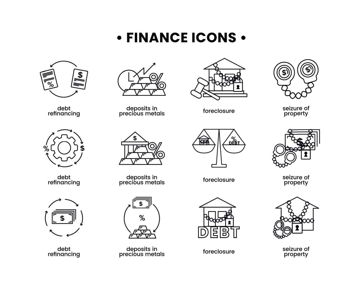 finanza. vettore illustrazione impostato di icone crisi di proprietà, preclusione, debito rifinanziamento, depositi nel prezioso metalli