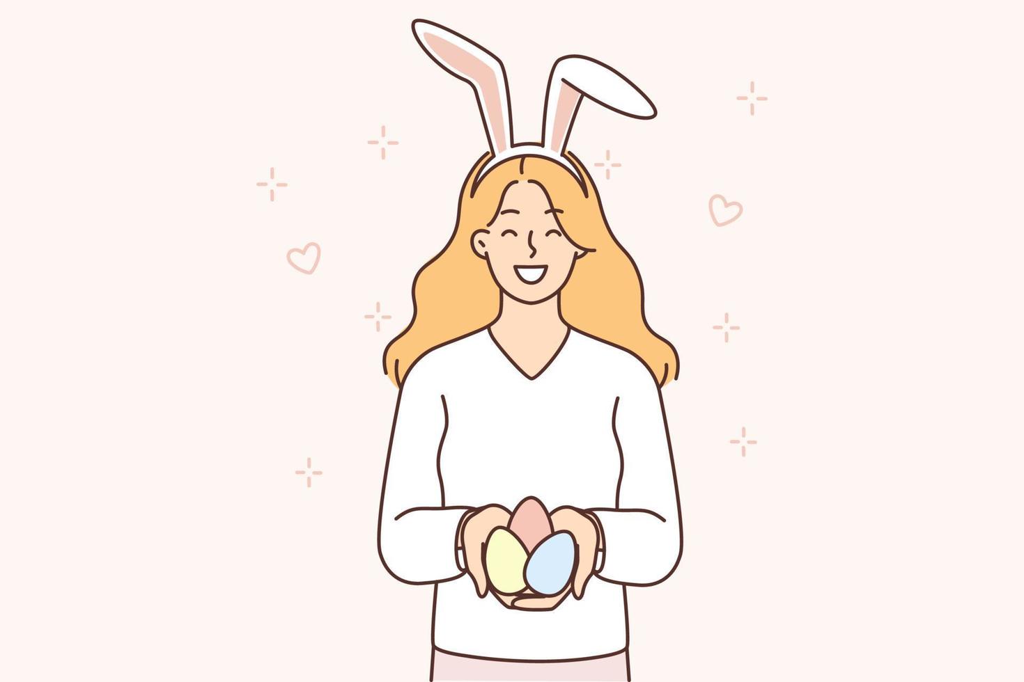 adolescenziale ragazza con coniglio orecchie su testa detiene Pasqua uova preparato per religioso cristiano vacanza nel mani. positivo donna offerte per celebrare ortodosso o cattolico Pasqua o scambio decorato uova vettore