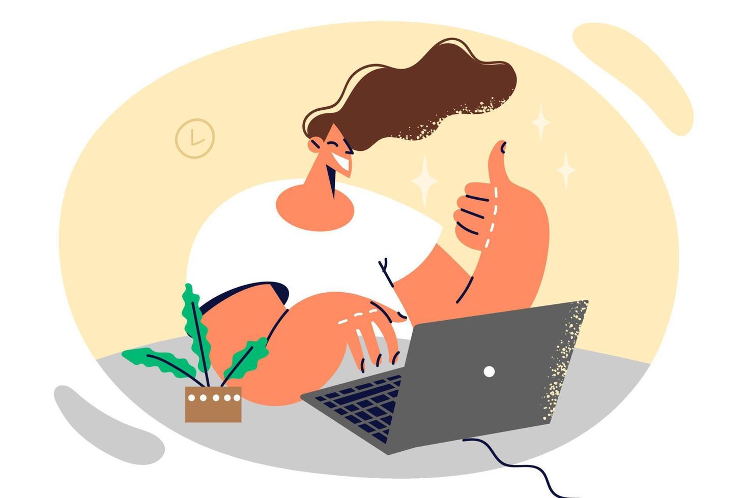 donna libero professionista digitando testo su il computer portatile tastiera mostrando pollice su e sorridente Lavorando a distanza. ragazza libero professionista fabbricazione video chiamata su computer Spettacoli pollici su per interlocutore durante in linea incontro vettore