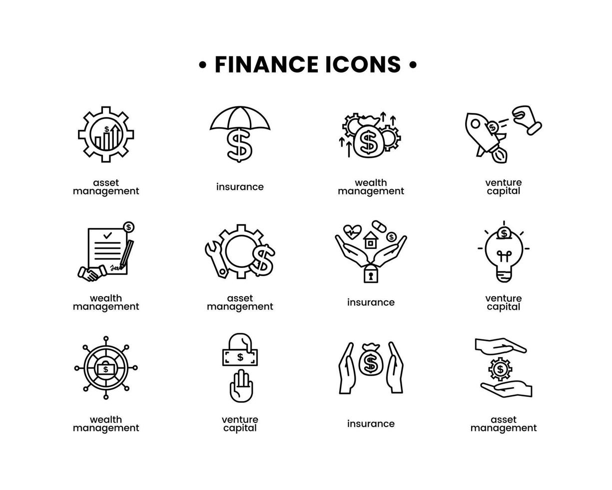 finanza icone impostare. vettore illustrazione di risorsa gestione, avventurarsi capitale, assicurazione, ricchezza gestione icone.