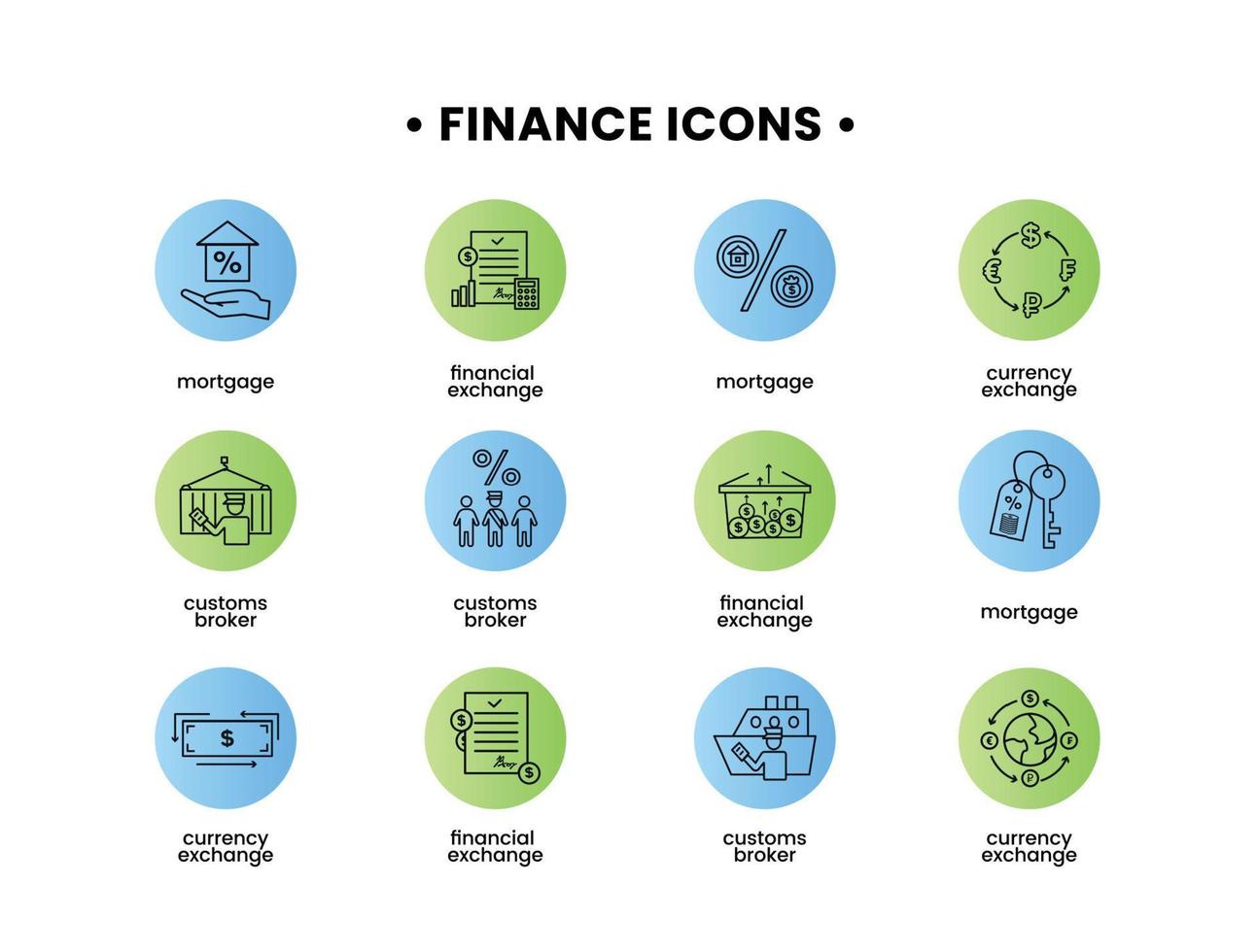 finanza icone impostare. vettore illustrazione di Dogana broker, mutuo, finanziario scambio, moneta scambio icone