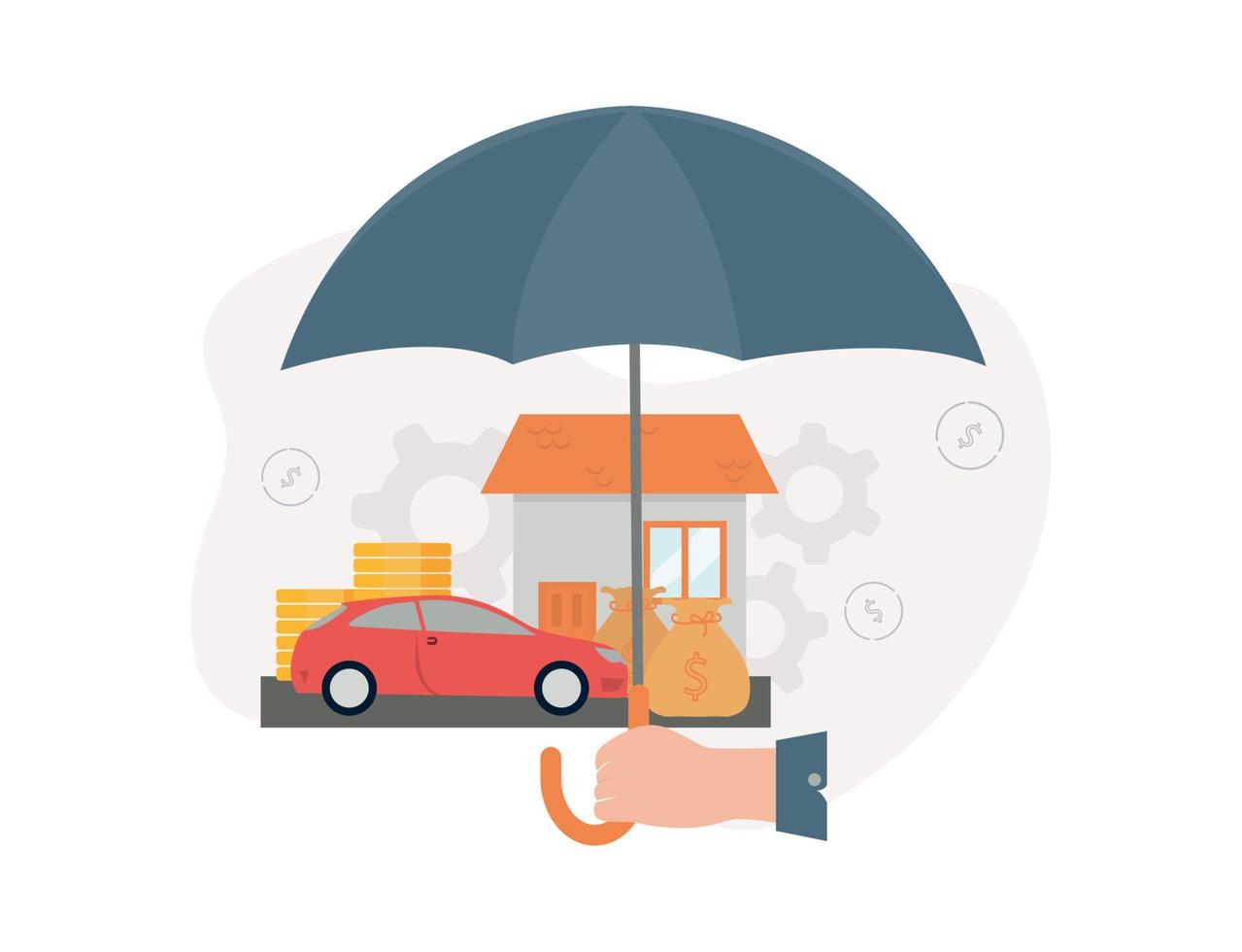 assicurazione. illustrazione di un' mano detiene un ombrello sotto quale un' Casa, un' macchina, pile di monete, un' i soldi Borsa, su il sfondo di ingranaggi e dollaro segni vettore
