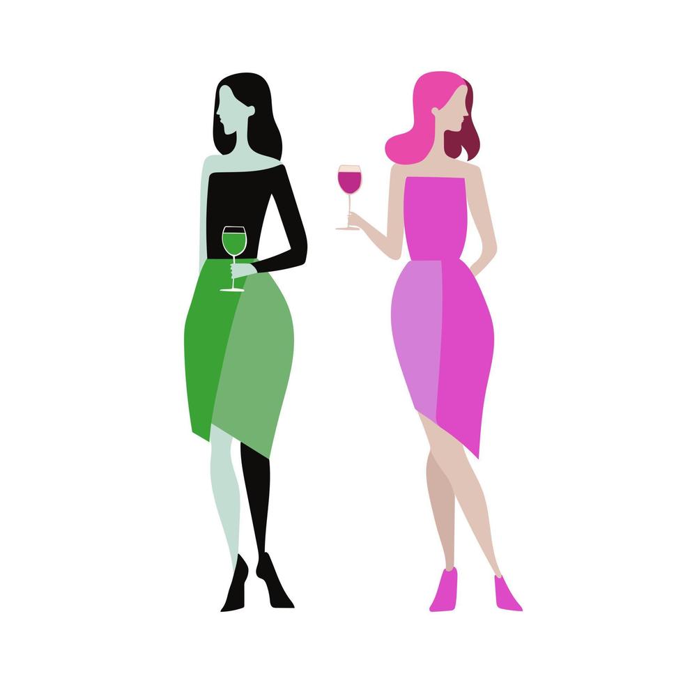 Due bellissimo donne amici potabile vino. ragazze celebrazione insieme. vettore