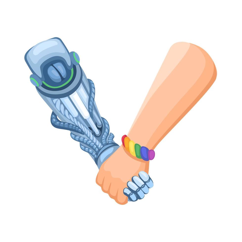 mano indossare lgbt braccialetto detiene e stretta di mano con cyborg mano. robot e umano tranquillo, calmo simbolo cartone animato illustrazione vettore