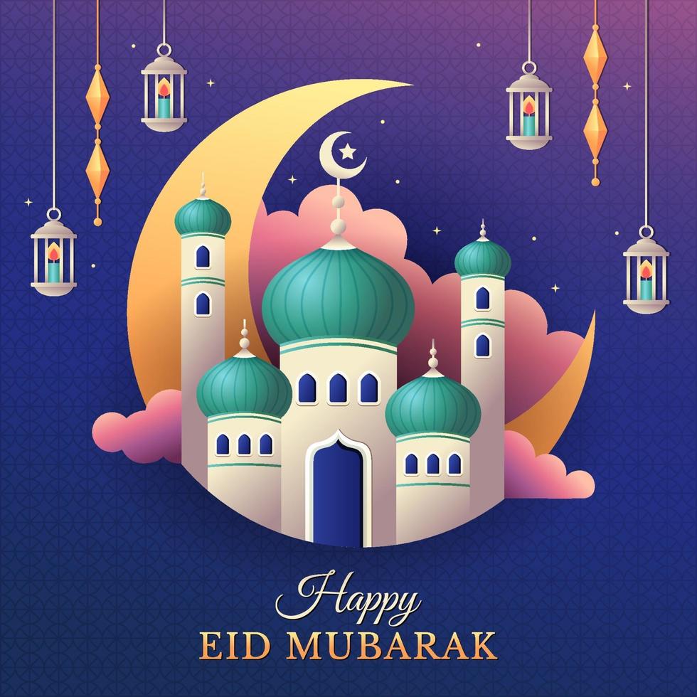 felice saluto eid mubarak con moschea e lanterne vettore