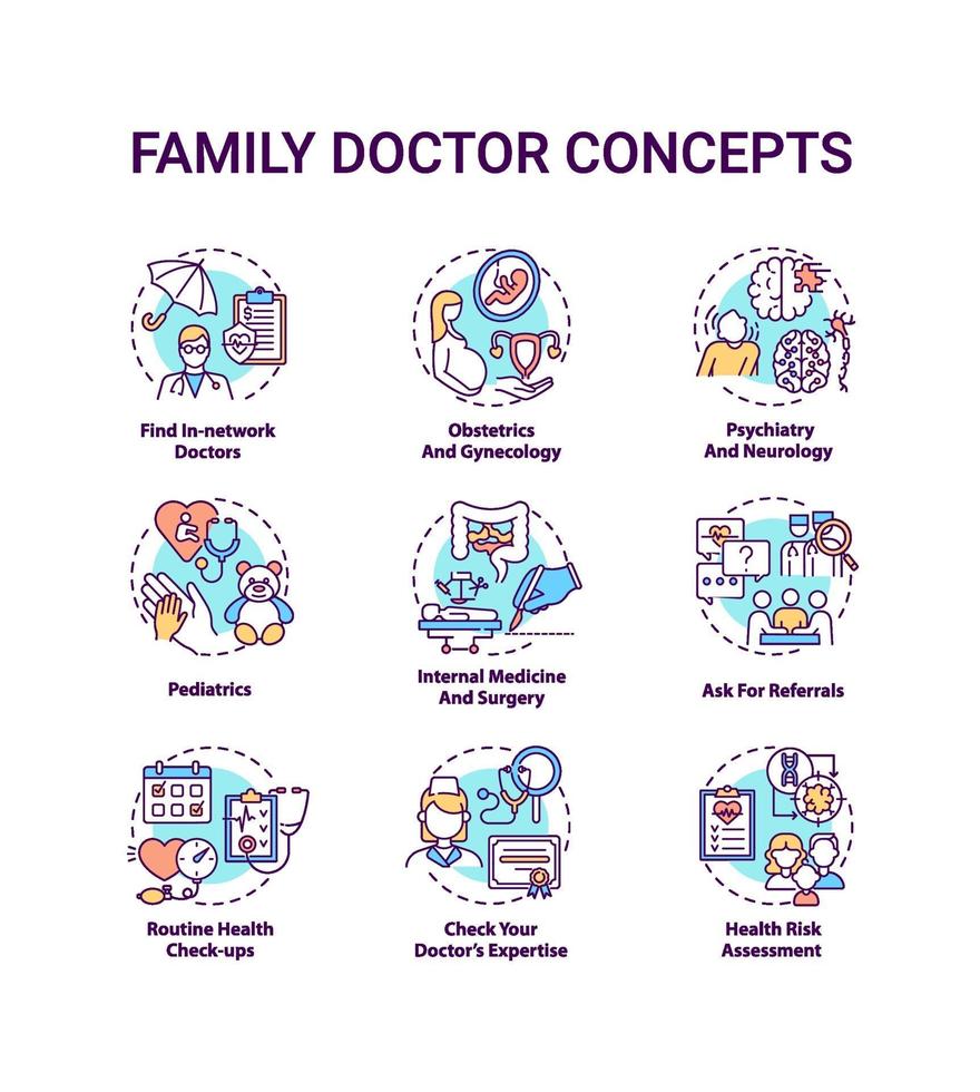 set di icone di concetto di medico di famiglia vettore
