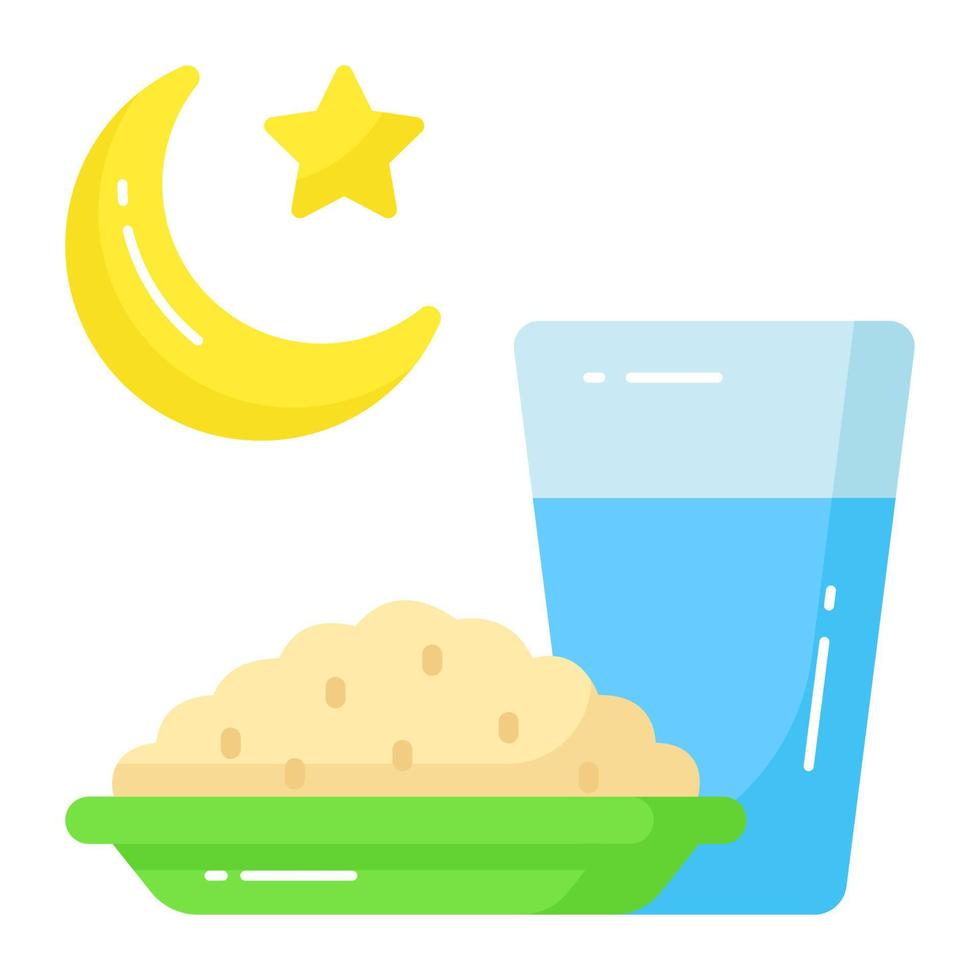riso ciotola con acqua bicchiere e mezzaluna Luna vettore di iftar icona