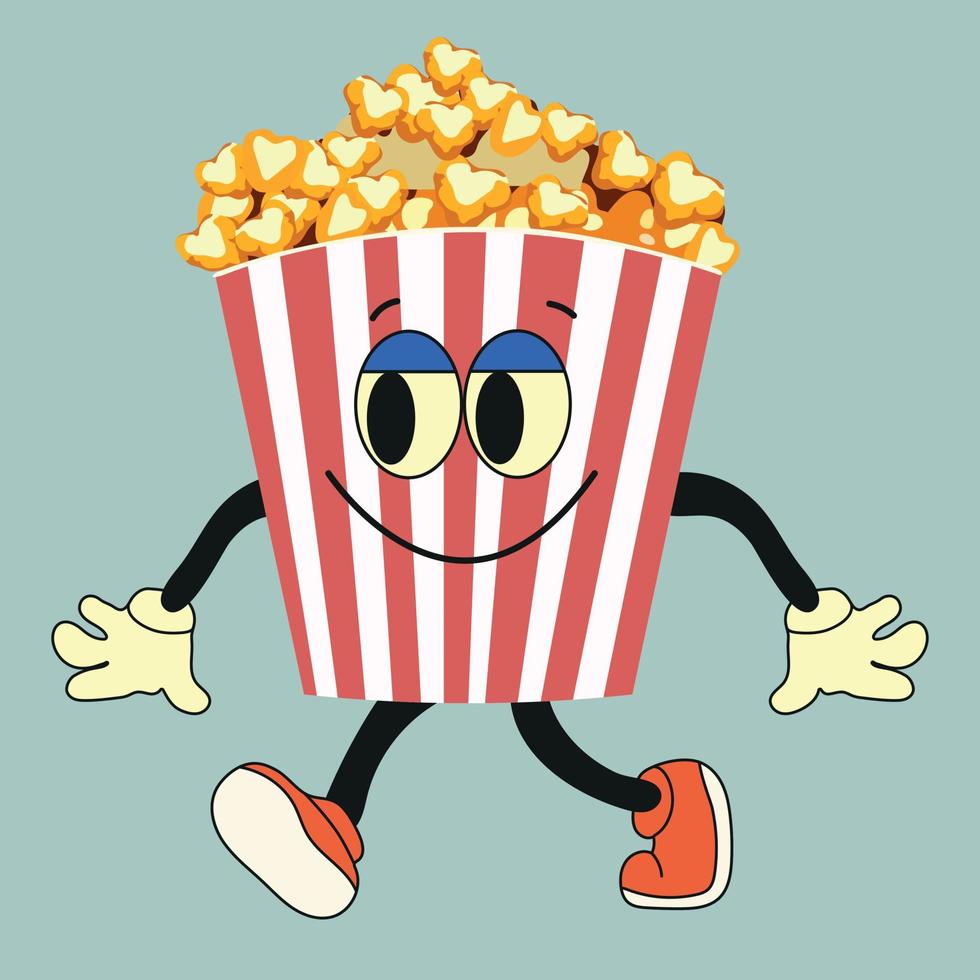 cartone animato divertente Popcorn carattere. vettore Popcorn secchio con carino sorridente viso, braccia, gambe. veloce cibo per cinema, divertente personaggio con positivo emozioni.