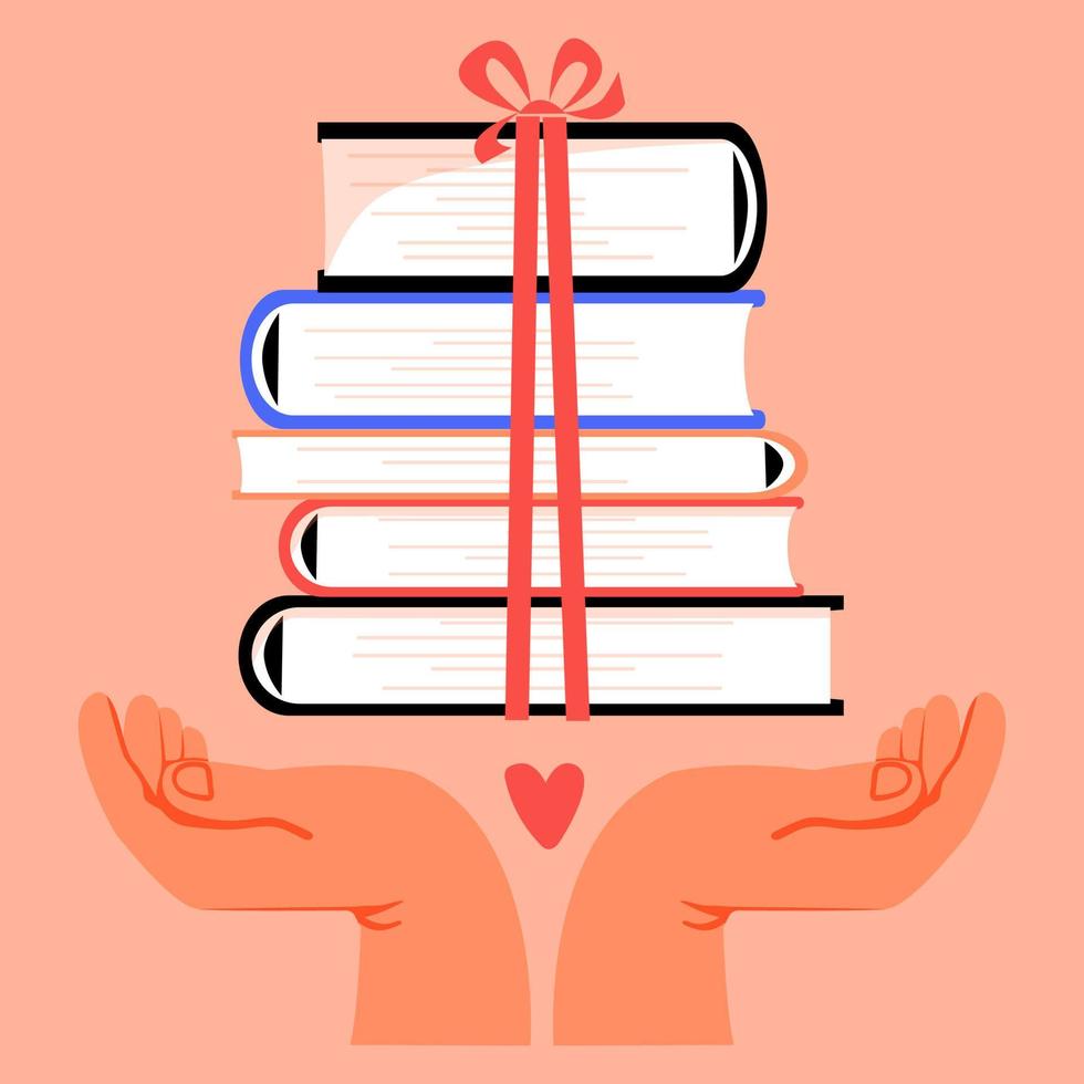 libro per regalo, saldi. mani e pila di libri. letteratura. mucchio di libri di testo per formazione scolastica. biblioteca concetto. vettore illustrazione