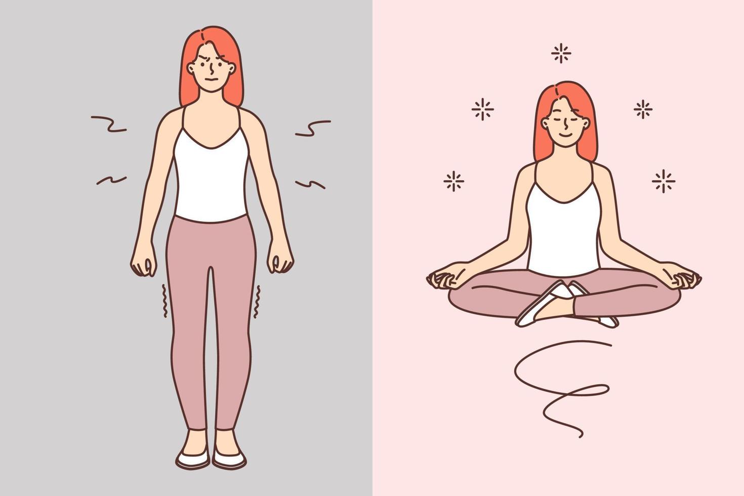 arrabbiato donna diventa calma dopo meditazione pratica a partire dal yoga nel loto posizione. ragazza medita e fa yoga seduta a gambe incrociate per ottenere sbarazzarsi di fatica Associated con i problemi a opera vettore
