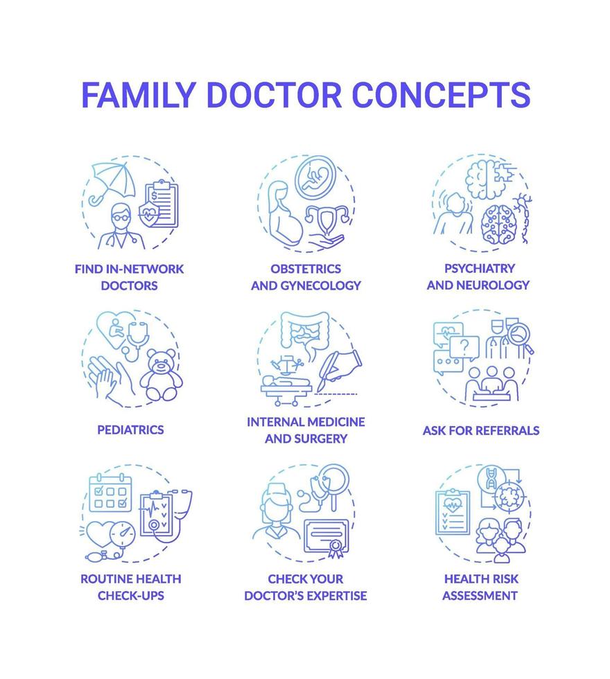 set di icone blu concetto gradiente medico di famiglia vettore
