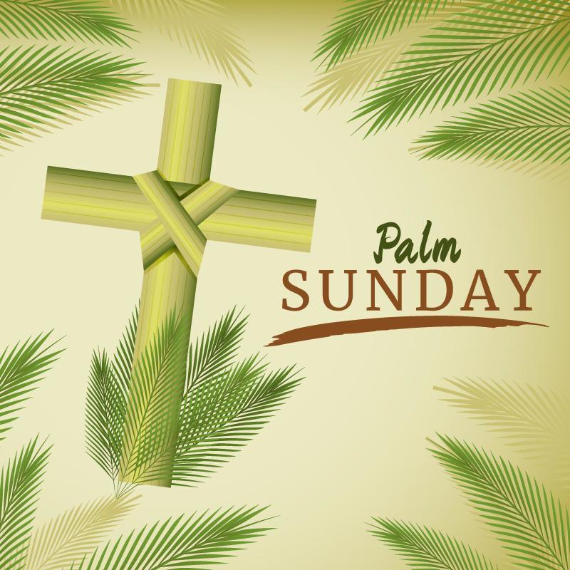 domenica delle palme con croce cristiana e foglia di palma vettore