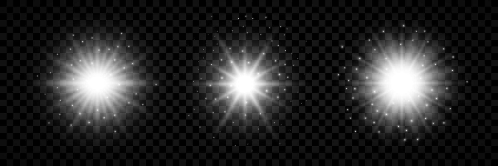 leggero effetto di lente razzi. impostato di tre bianca raggiante luci starburst effetti con scintille su un' sfondo. vettore illustrazione