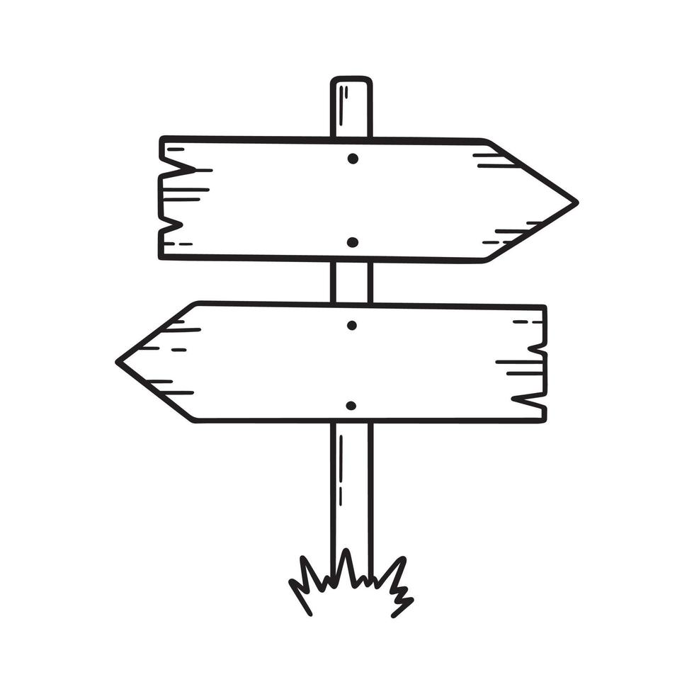 di legno strada cartello scarabocchio. di legno direzione cartello e frecce nel schizzo stile. mano disegnato vettore illustrazione isolato su bianca sfondo.