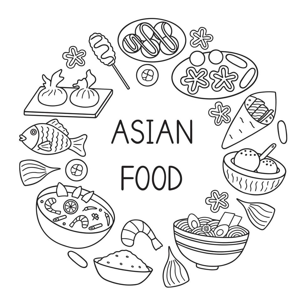 asiatico cibo scarabocchio impostare. asiatico cucina nel schizzo stile. mano disegnato vettore illustrazione isolato su bianca sfondo
